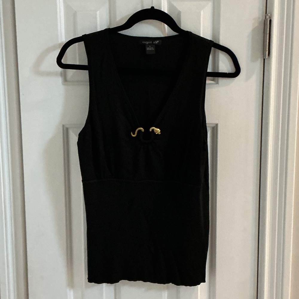 August Silk Black V-Neck Silk Blend Sleeveless Sweater with Gold Snake Accent